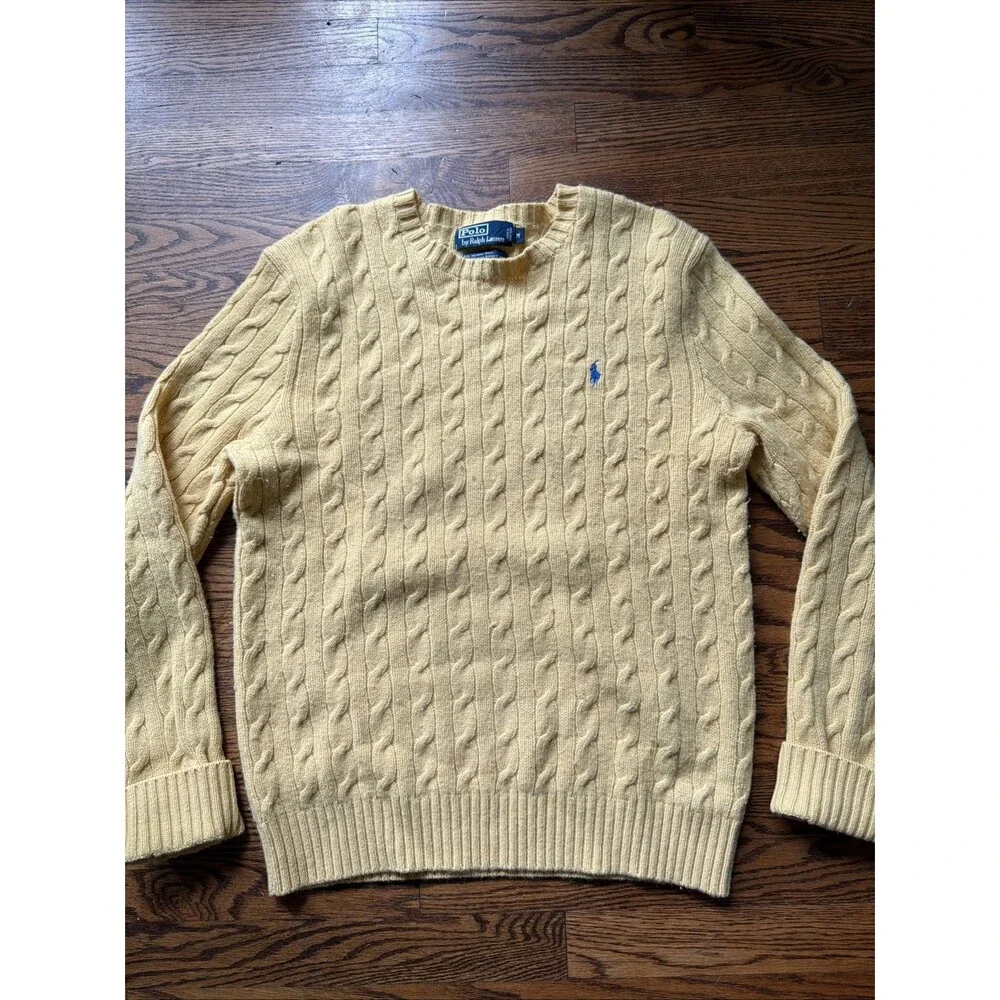 Polo Ralph Lauren Cable Knit Crewneck Sweater Men's Medium Yellow Blue Pony - Picture 1 of 6